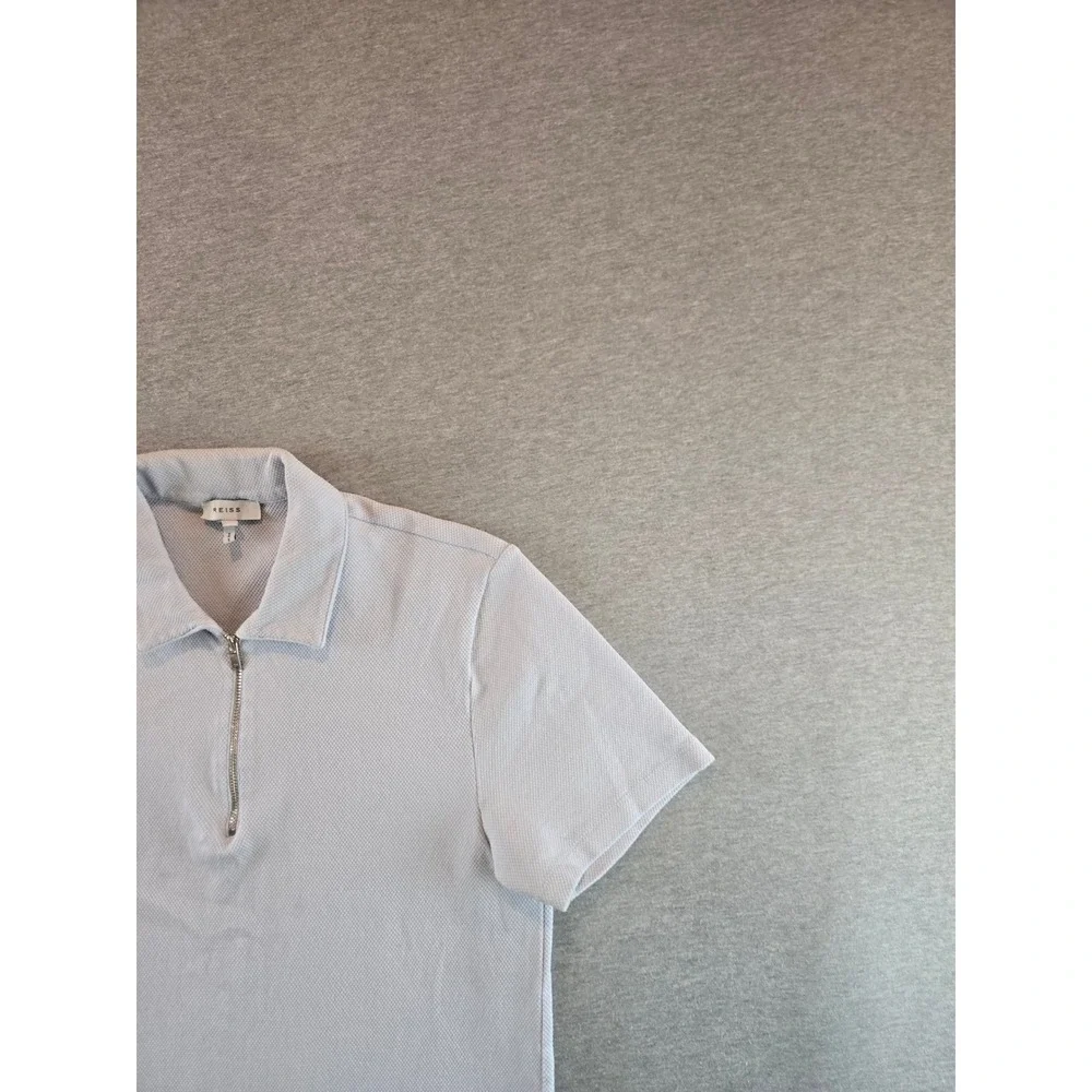 Reiss Billy Zip Polo Mens Size M Light Blue Textured Waffle Knit Short Sleeve - Picture 6 of 13